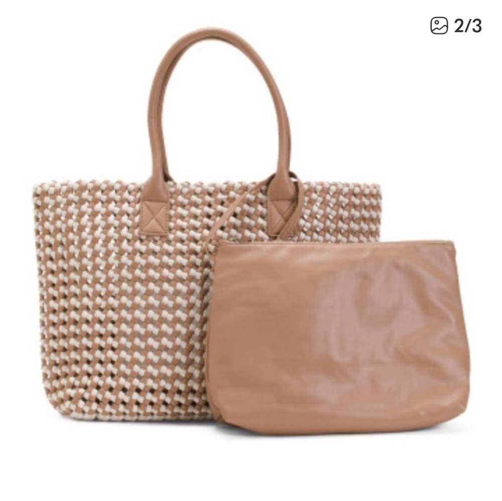 Sincerely Jules Vegan Leather Woven Tote & Removable Int Bag w/Zip Tan/Cream